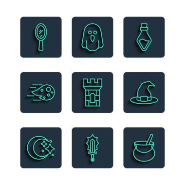 Ay ve yıldızlar, sihirli kılıç, cadı kazanı, iksirli şişe, kale kulesi, ateş topu, el aynası ve şapka ikonu. Vektör