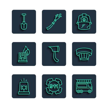 Flasher Sireni, 911 'i, itfaiye aracını, itfaiyeci kaskını, baltasını yanan bina, kürek ve duman alarmı ikonunda ayarla. Vektör