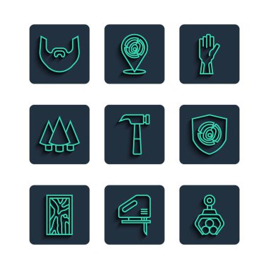 Hat kapatılmış kapı, elektrikli yapboz, vinç tutacağı kütük, koruyucu eldivenler, çekiç, Noel ağacı, bıyık ve sakal ve tahta kütük ikonu. Vektör