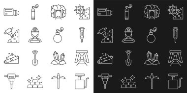 Hat kolu fünyesi, mayın girişi, inşaat matkabı, madenci miğferi, el feneri ve bomba ikonu. Vektör