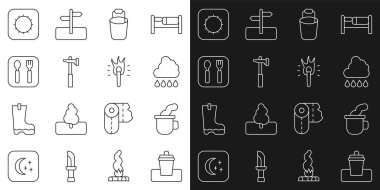 Çöp tenekesi, çay bardağı yağmurlu bulut, kova, çekiç, çatal ve kaşık, güneş ve alev ikonu. Vektör