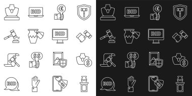 Satır Artırması antik vazo, mücevher satışı, çekiç, açık arttırma raketi ve Online ikon. Vektör