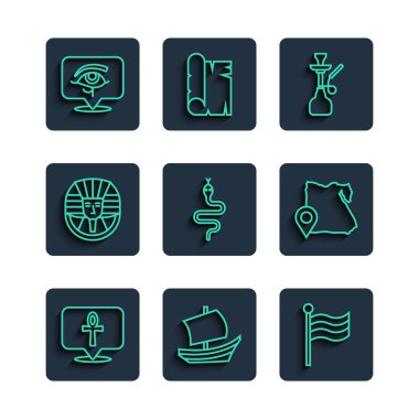 Hat Ankh, Mısır gemisi, Bayrak of, Nargile, Yılan, Firavun, Horus 'un Gözü ve Harita simgesi. Vektör