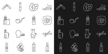 Vape sıvı şişesi, sigara yok, tütün yaprağı, pipo, mod cihazı, kırık sigara ve ikon. Vektör