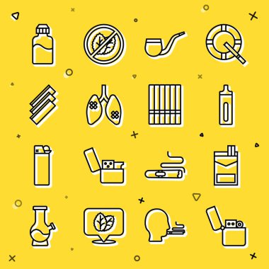 Sabit hat Çakmak, Sigara paketi, Elektronik sigara, pipo içilmez, hastalıklı ciğerler, rulo kağıtlar, Vape likit şişe ve ikon. Vektör