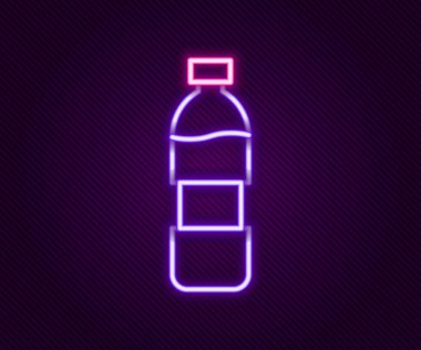Parlayan neon hattı. Siyah arka planda izole edilmiş bir su ikonu şişesi. Soda su içme tabelası. Renkli taslak konsepti. Vektör