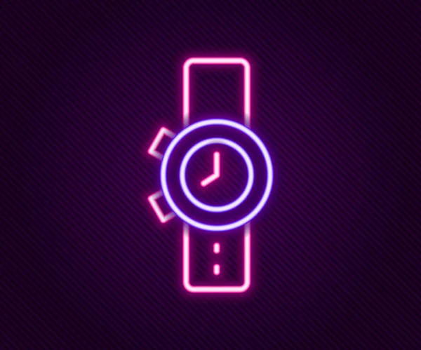 Gloeiende neon lijn Polshorloge pictogram geïsoleerd op zwarte achtergrond. Een horloge icoon. Kleurrijk concept. Vector — Stockvector