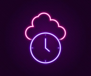 Parlayan neon çizgi saat simgesi siyah arkaplanda izole edildi. Zaman sembolü. Renkli taslak konsepti. Vektör