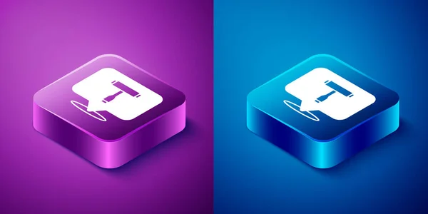Isometric Multi-Function All-In-One portable skate tool T-tool for skateboard, longboard, electric skateboard icon isolated on blue and purple background. Square button. Vector — Stock Vector