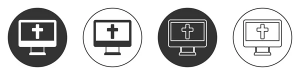 Schwarzes christliches Kreuz auf Monitor-Symbol isoliert auf weißem Hintergrund. Kirchenkreuz. Kreis-Taste. Vektor — Stockvektor