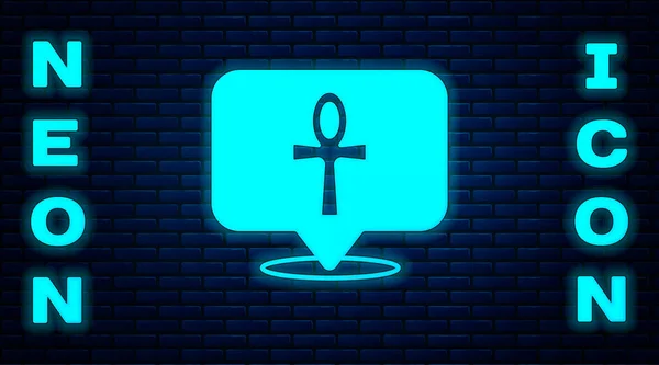 Glödande neon Cross ankh ikon isolerad på tegelvägg bakgrund. Egyptiska ord för liv eller symbol för odödlighet. Vektor — Stock vektor