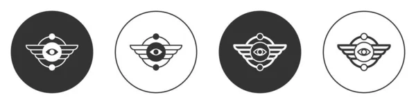 Símbolo egípcio preto Ícone de sol alado isolado no fundo branco. Botão circular. Vetor — Vetor de Stock