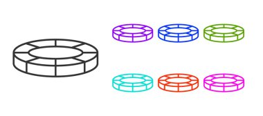 Siyah çizgi kumarhane çipleri simgesi beyaz arka planda izole edildi. Kumarhane kumarı. Simgeleri renklendirin. Vektör