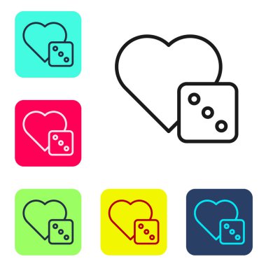 Beyaz arkaplanda siyah çizgi oyun zar simgesi izole. Kumarhane kumarı. Renkli kare düğmelerle simgeleri ayarla. Vektör