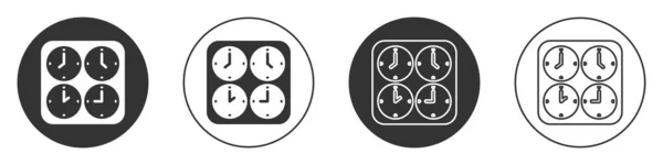 Black Time zone clocks icon isolated on white background. Circle button. Vector — Stockvektor