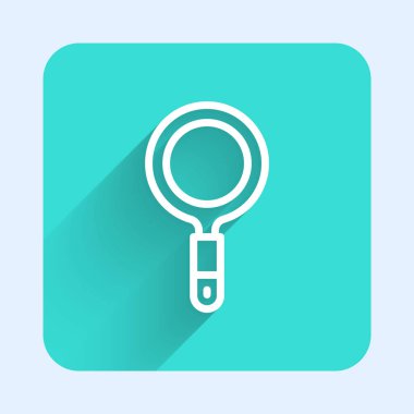 Beyaz çizgi büyüteç simgesi uzun gölge arkaplanı ile izole edilmiş. Arama, odaklanma, yakınlaştırma, iş sembolü. Yeşil kare düğmesi. Vektör