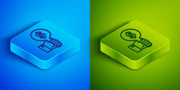 Isometric line Hand holding auction paddle icon isolated on blue and green background. Bidding concept. Auction competition. Hands rising signs with BID inscriptions. Square button. Vector — Vector de stock