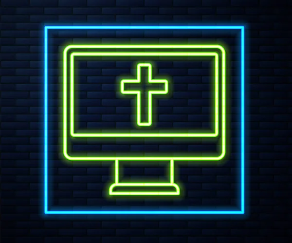 Gloeiende neon lijn christelijk kruis op monitor pictogram geïsoleerd op baksteen muur achtergrond. Kerkkruis. Vector — Stockvector