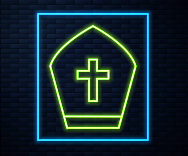 Glowing neon line Pope hat icon isolated on brick wall background. Christian hat sign. Vector — Stock Vector