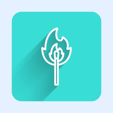 Ateş ikonu ile beyaz çizgi yakma kibriti uzun gölge arkaplan izole. Ateşle maç. Kibrit işareti. Yeşil kare düğmesi. Vektör