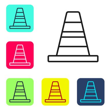 Beyaz arka planda siyah çizgi trafik konisi simgesi izole edildi. Renkli kare düğmelerle simgeleri ayarla. Vektör