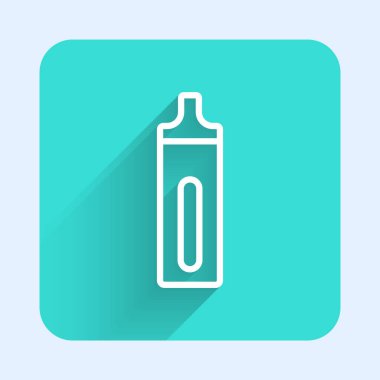 Beyaz çizgi Elektronik sigara ikonu uzun gölge arkaplan izole. Tüttürme aleti. Buharlaştırıcı Cihaz. Yeşil kare düğmesi. Vektör