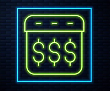 Parlayan neon hattı maaş günü, dolar simgesi olan takvim tuğla duvar arkasında izole edilmiş. Vektör