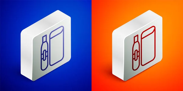 Isometric line Electronic cigarette icon isolated on blue and orange background. Vape smoking tool. Vaporizer Device. Silver square button. Vector — Stok Vektör