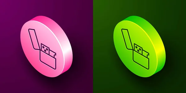 Isometric line Lighter icon isolated on purple and green background. Circle button. Vector — Stock Vector