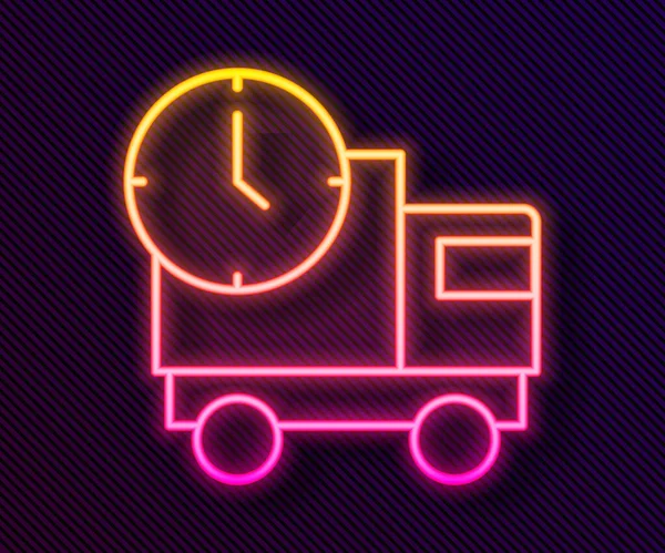 Linha de néon brilhante Logística entrega caminhão e ícone de tempo isolado no fundo preto. Ícone do prazo de entrega. Vetor —  Vetores de Stock