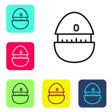 Siyah çizgi mutfak zamanlayıcısı simgesi beyaz arkaplanda izole edildi. Mutfak aletleri. Renkli kare düğmelerle simgeleri ayarla. Vektör