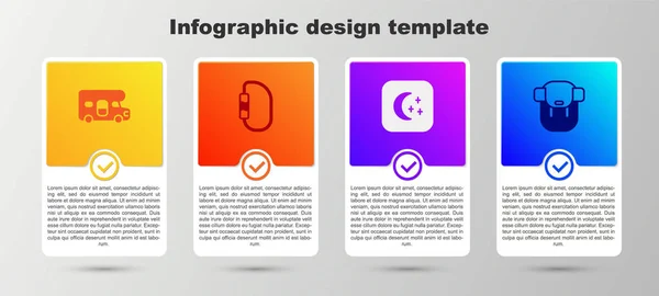 Állítsa lakókocsi jármű, Carabiner, Hold és a csillagok és túrázás hátizsák. Üzleti infografikai sablon. Vektor — Stock Vector