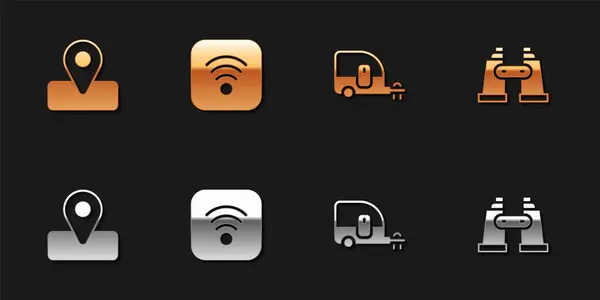 Set Ubicación para acampar, Internet inalámbrico Wi-Fi, remolque Rv Camping e icono de prismáticos. Vector — Vector de stock