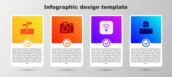 Ustaw znak drogowy, Kamera fotograficzna, bezprzewodowy internet Wi-Fi i grill. Szablon infograficzny biznesu. Wektor — Wektor stockowy