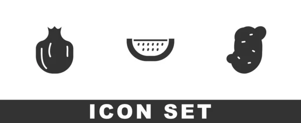 Set Granaatappel, Watermeloen en Aardappel icoon. Vector — Stockvector