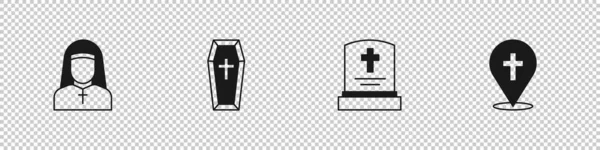 Set Nun, Coffin, Túmulo com lápide e ícone de construção da igreja de localização. Vetor —  Vetores de Stock