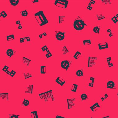 Müzik eşitleyicisini, Retro ses kasetini, iki hoparlörlü ev teybini ve notayı ayarlayın. Vektör