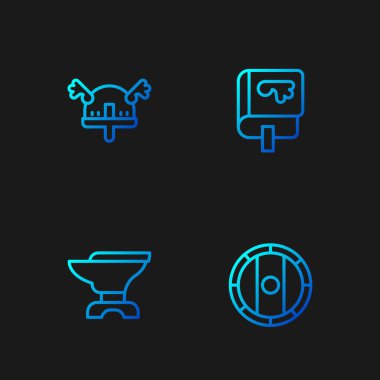 Sıralı Viking kalkanı, demircilik için Örs, Viking boynuzlu miğferi ve kitabı. Renk simgeleri. Vektör