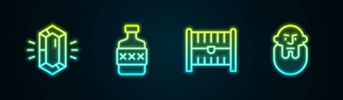 Sıralı taş, viski şişesi, antika hazine sandığı ve Viking kafası. Parlayan neon ikonu. Vektör