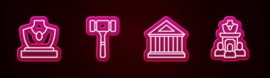 Açık arttırma mücevher satışı, çekiç, müze binası ve... Parlayan neon ikonu. Vektör
