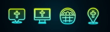 Sabit hat konum kilise binası, Hristiyan haç monitörü, Paskalya yumurtalı sepet ve... Parlayan neon ikonu. Vektör
