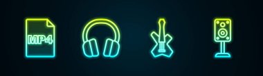 MP4 dosya dökümanı, kulaklıklar, elektro bas gitar ve Stereo hoparlörünü ayarla. Parlayan neon ikonu. Vektör
