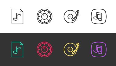 Satır MP3 dosya belgesi, Ses Karıştırıcı denetleyici, Vinil çalar ve Müzik notası, ton siyah ve beyaz. Vektör
