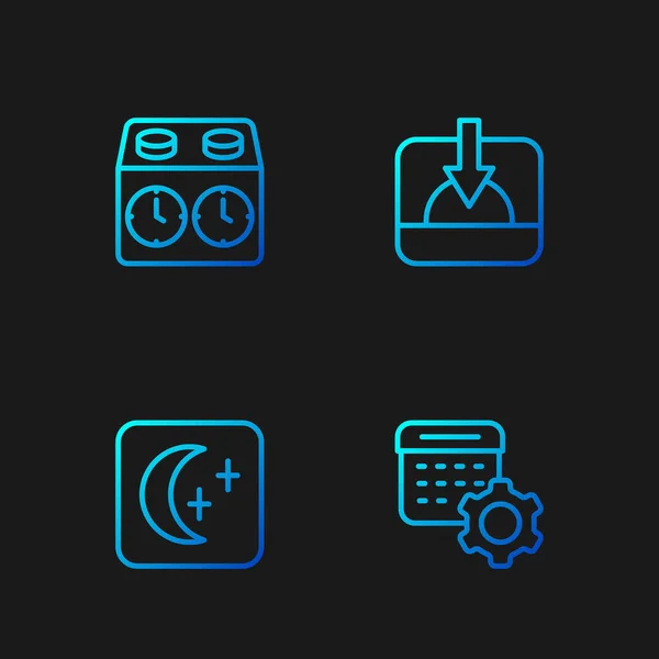 Réglez la ligne Paramètres du calendrier, Lune et étoiles, horloge d'échecs de temps et coucher de soleil. Icônes de couleurs dégradées. Vecteur — Image vectorielle