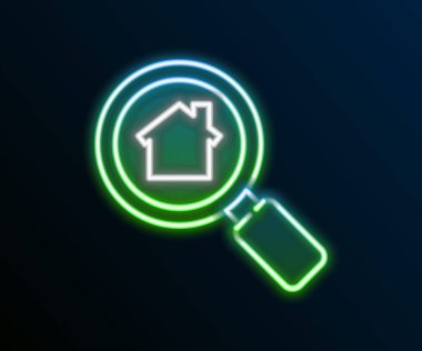 Parlayan neon hattı Arama evi simgesi siyah arkaplanda izole edildi. Büyüteç altındaki bir evin emlak sembolü. Renkli taslak konsepti. Vektör.