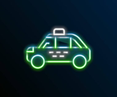 Parlayan neon hat taksi ikonu siyah arka planda izole edildi. Renkli taslak konsepti. Vektör.