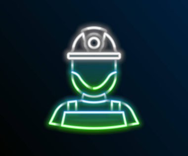 Siyah arkaplanda izole edilmiş bir kask ikonu içinde parıldayan neon hattı Miner. Renkli taslak konsepti. Vektör.