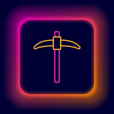 Parlayan neon çizgisi Kazma simgesi siyah arkaplanda izole edildi. Renkli taslak konsepti. Vektör.