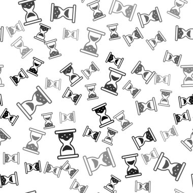 Akan kum ikonuna sahip eski siyah kum saati beyaz arka planda izole edilmiş kusursuz desen. Kum saati işareti. İş ve zaman yönetimi kavramı. Vektör.