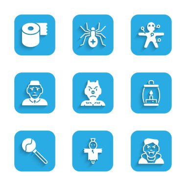 Krampus 'a lanet olası Korkuluk Vampir Kampı feneri lolipop rahip voodoo bebeği ve tuvalet kağıdı rulo ikonu kur. Vektör.